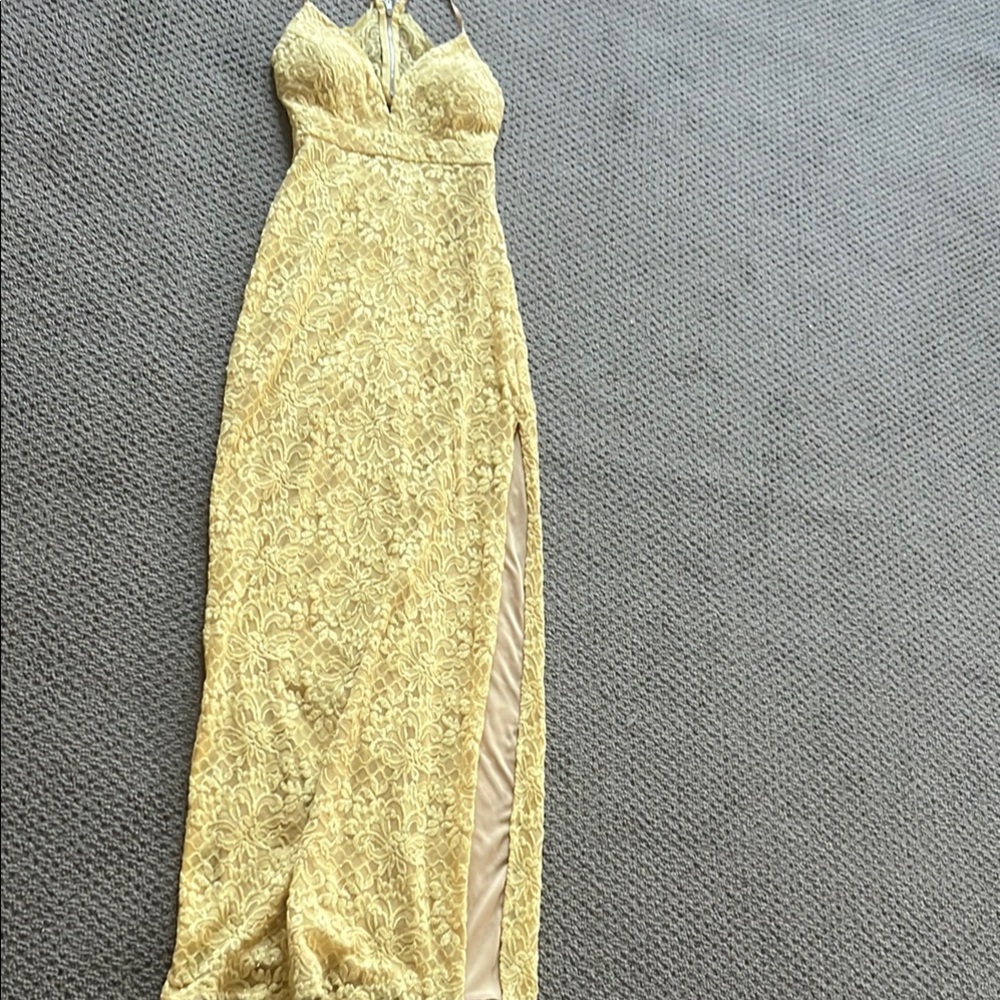 Emerald Sundae Yellow Lace Prom Dress with Side Slit